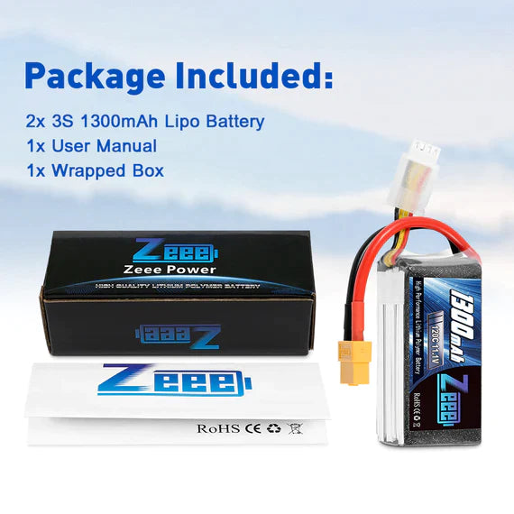 Zeee 3S Lipo Akku 1300mAh 11,1V 120C Graphen Akku mit XT60 Stecker für FPV RC Car RC Modelle (2 Pack) - LiPo24.de