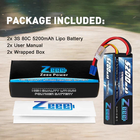 Zeee 3S Lipo Akku 5200mAh 11.1V 80C EC3 Hartcase (2er Pack) - LiPo24.de