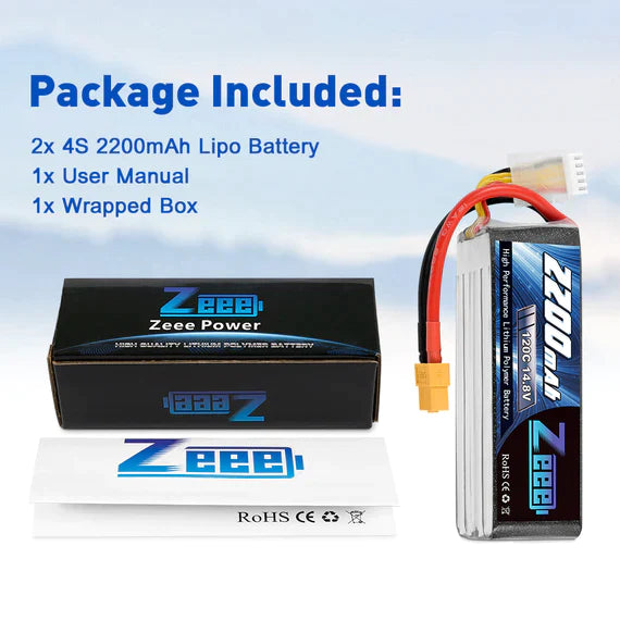 Zeee 4S Lipo Akku 2200mAh 14,8V 120C mit XT60 Stecker RC Graphen Akku für RC Modelle Flugzeug RC Auto (2 Stück) - LiPo24.de