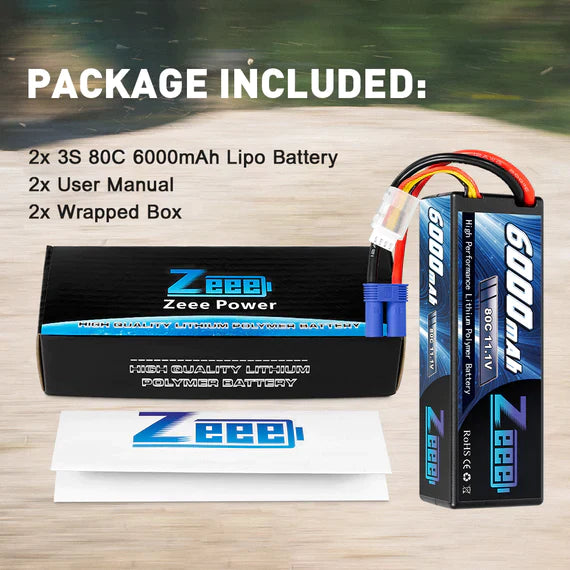 Zeee 3S Lipo Akku 6000 mAh 11,1 V 80 C Hartschalen Case mit EC5-Anschluss für RC-Autos im Maßstab 1/8 1/10 (2 Stück) - LiPo24.de