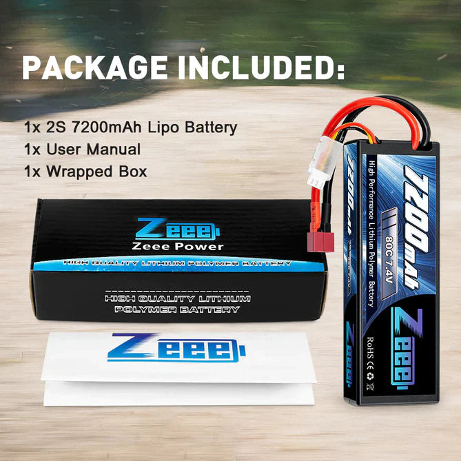 Zeee 2S Lipo Akku 7200mAh 7.4V 80C Hard Case mit Deans T Style Connector für RC Car - LiPo24.de