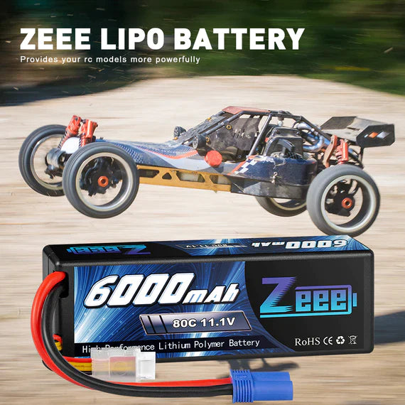 Zeee 3S Lipo Akku 6000 mAh 11,1 V 80 C Hartschalen Case mit EC5-Anschluss für RC-Autos im Maßstab 1/8 1/10 (2 Stück) - LiPo24.de