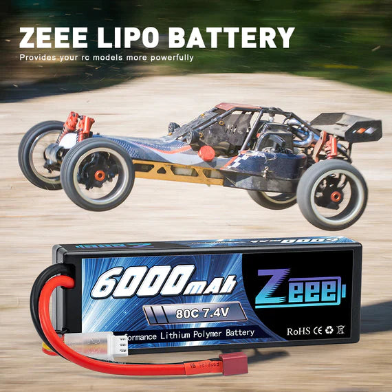 Zeee 2S Lipo Akku 6000 mAh 7,4 V 80 C Hartschalenkoffer mit Deans-Anschluss für RC-Autos im Maßstab 1:8 (2 Stück) - LiPo24.de