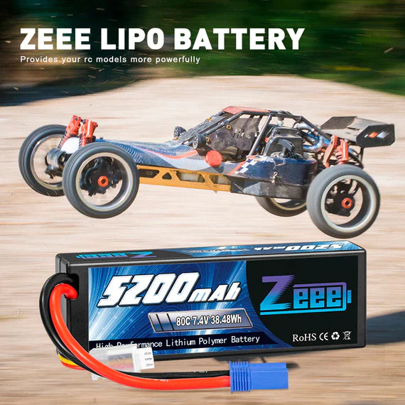 Zeee 2S Lipo Akku 5200mAh 7,4V 80C Hartschalenkoffer mit EC5-Stecker Kompatibel mit 1/8 1/10 RC Car (2 Pack) - LiPo24.de